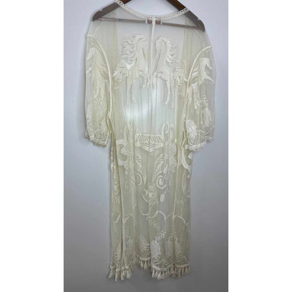 Shyanne Sheer Embroidered Horse Theme Lace Kimono Tassel Fringe Duster L/XL - Picture 2 of 14